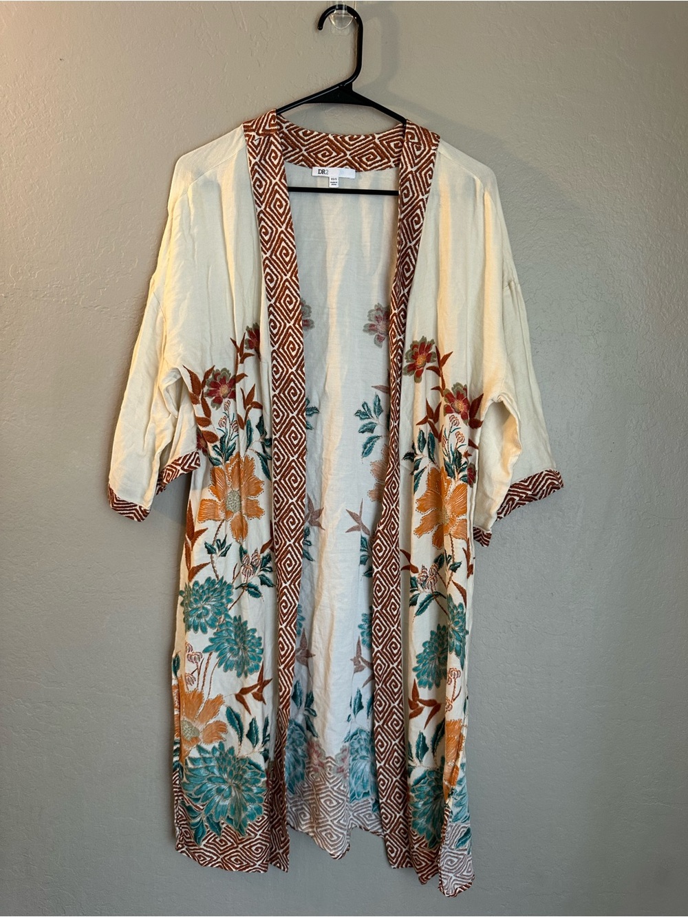 DR2 Cream Embroidered Kimono with Teal & Mustard Floral Motif